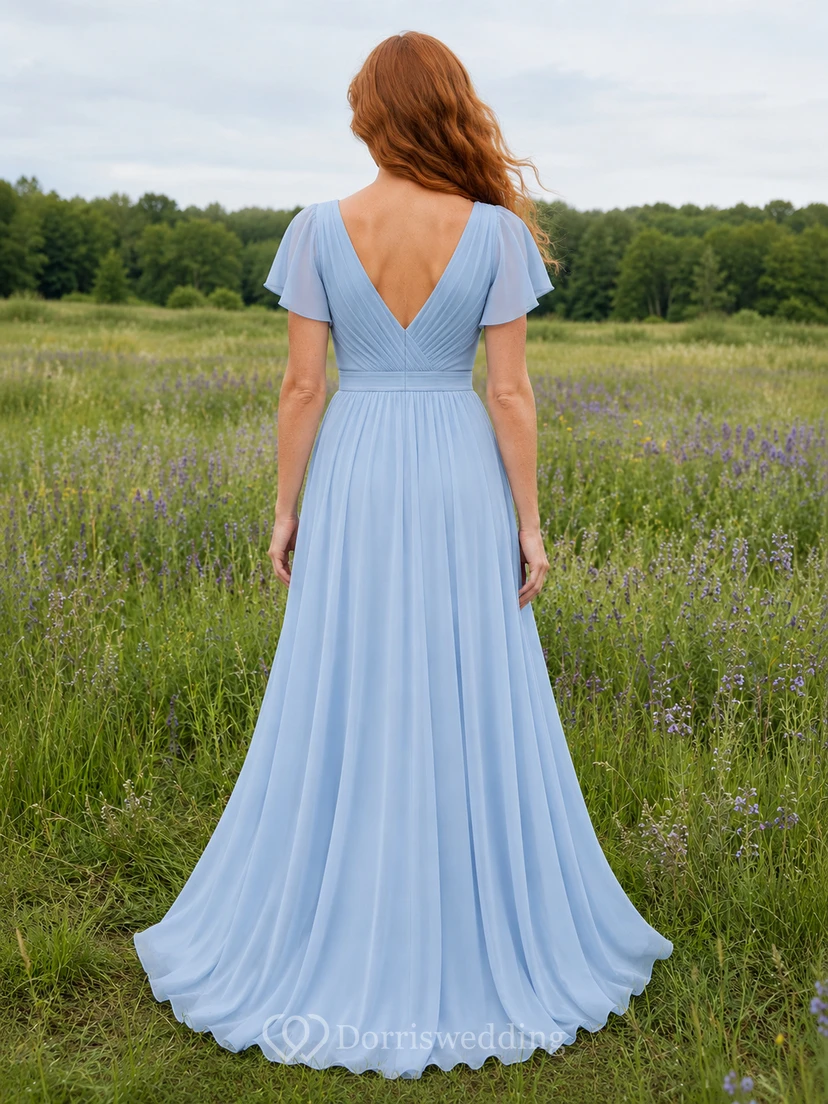 Sky Blue Chiffon A-Line V-Neck Flutter Sleeve Pleated Low Back Floor-Length Bridesmaid Dress view 2