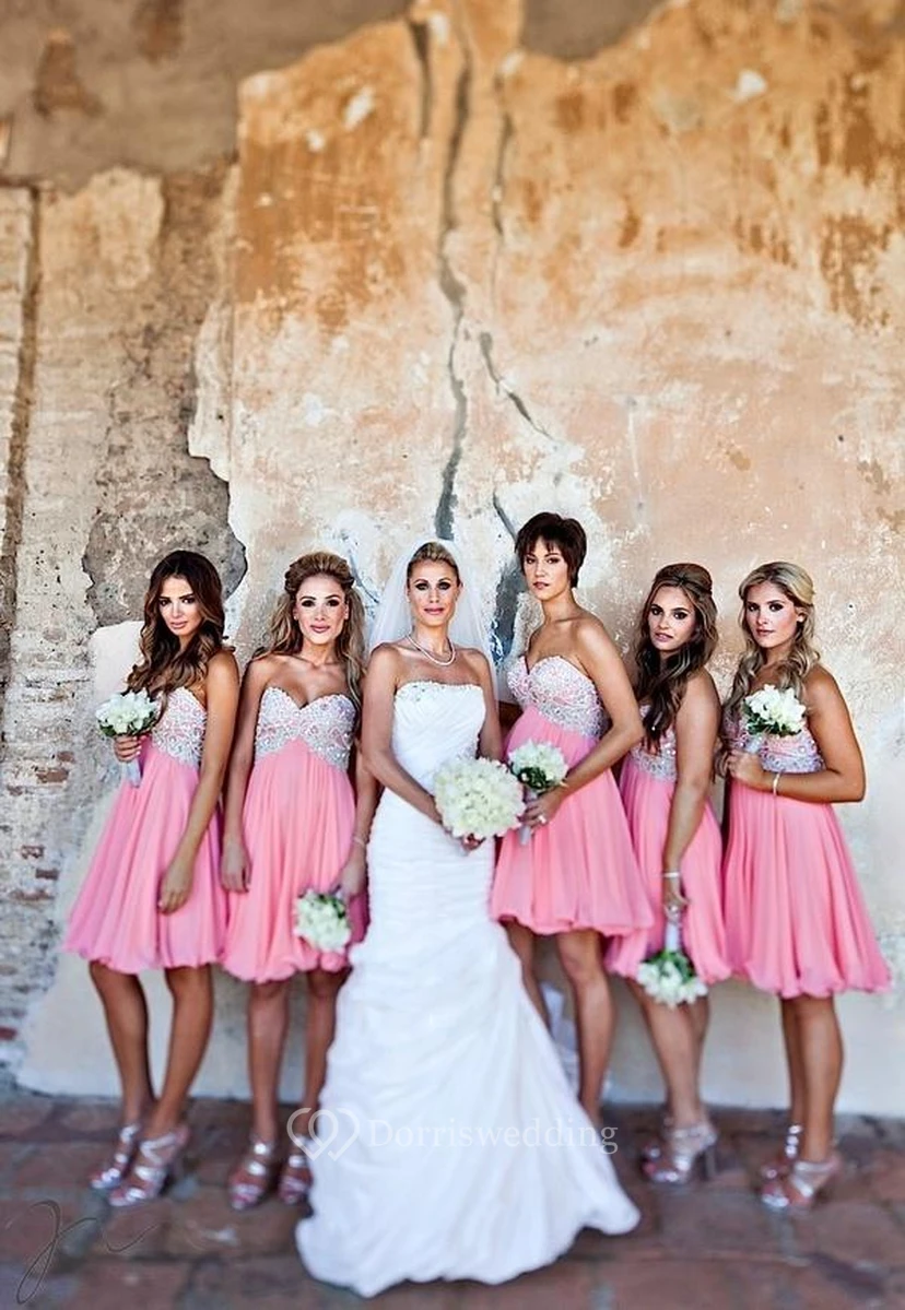Glamorous Sweetheart Sleeveless Chiffon Blush Bridesmaid Dress Short With Crystals