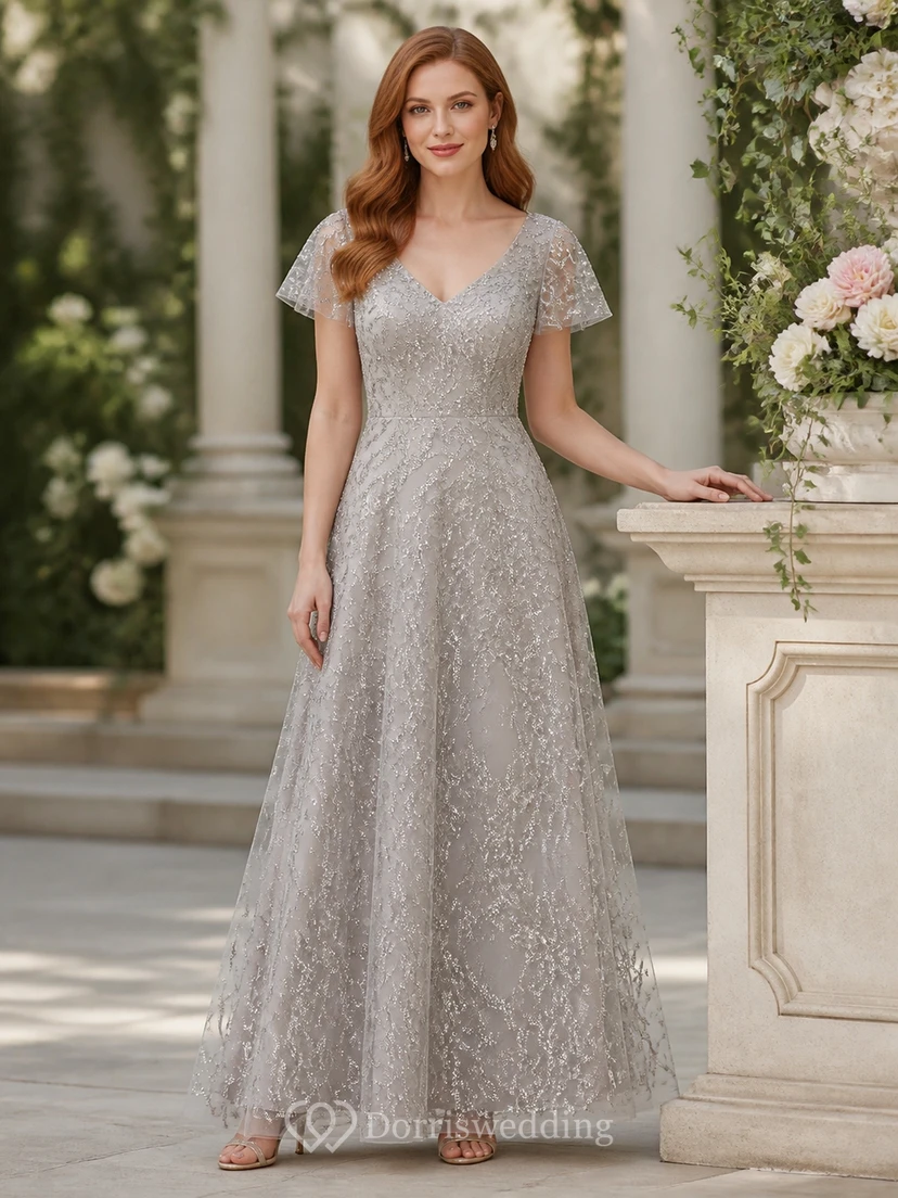 Robe de mère argentée modeste, coupe trapèze, col en V, manches papillon, dentelle, longueur au sol