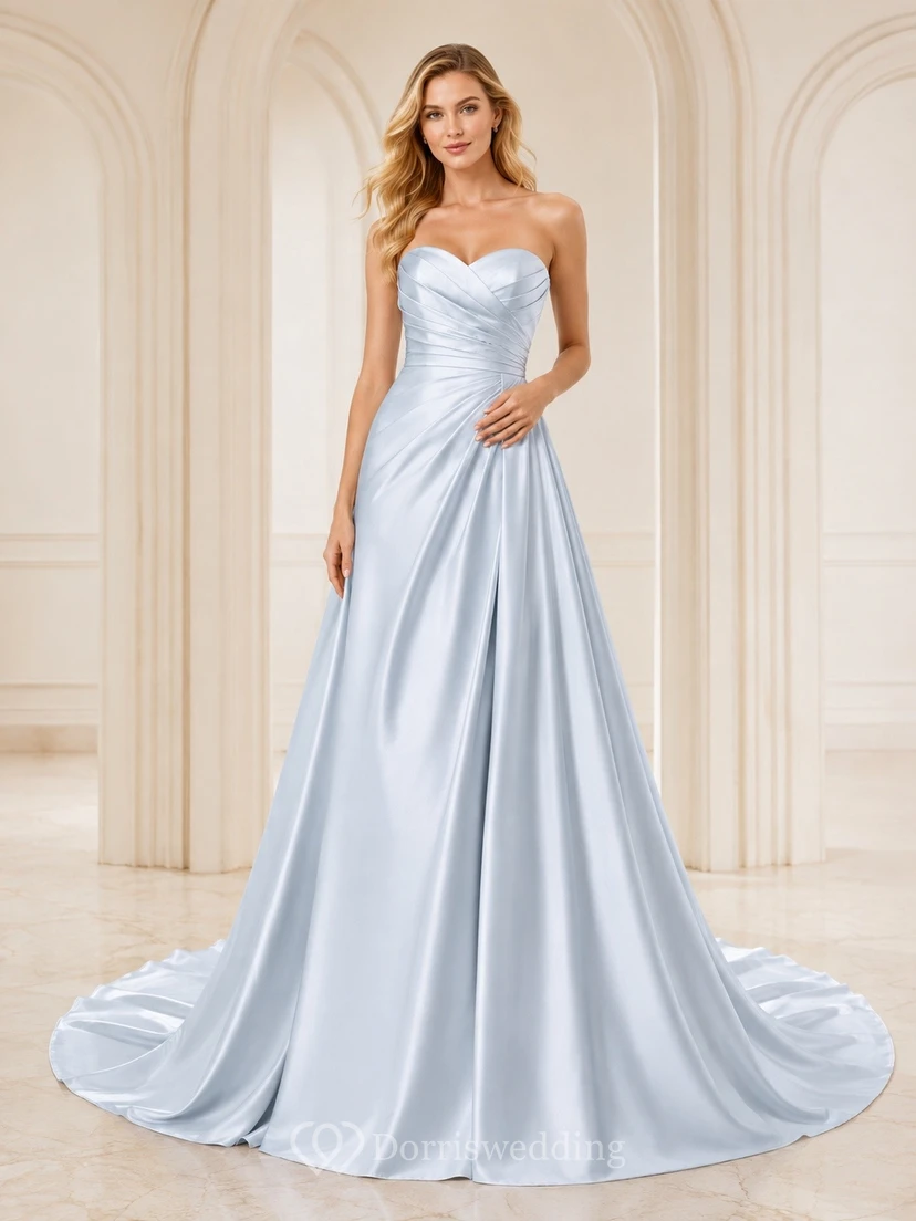 Vestido de novia formal, sencillo, elegante y romántico, con escote corazón, edición A, corte A.