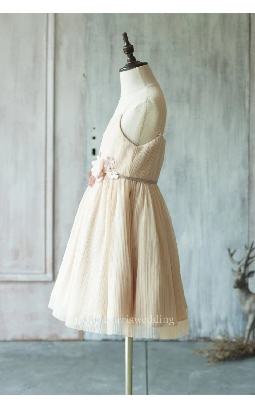 Spaghetti Strap V Neck A-line Pleated Knee Length Tulle Dress With Floral Sash view 3