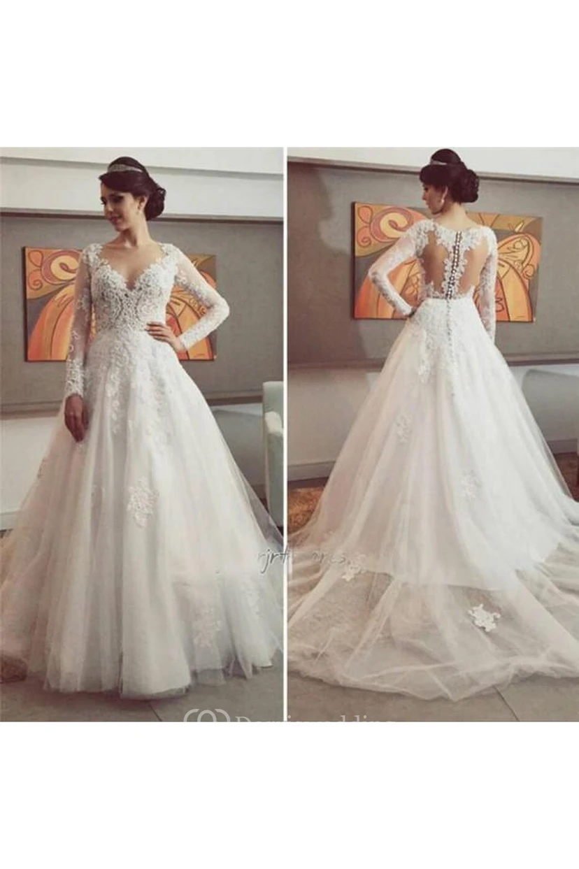 Delicate Lace Appliques Tulle Wedding Dress Button Zipper Back Long Sleeve