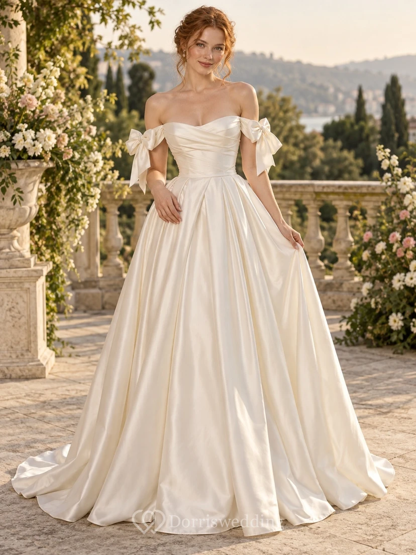 Schlichtes Brautkleid aus Satin mit gerafftem Oberteil, schulterfreiem Schnitt, kurzen Ärmeln und Schleife, A-Linie, bodenlang