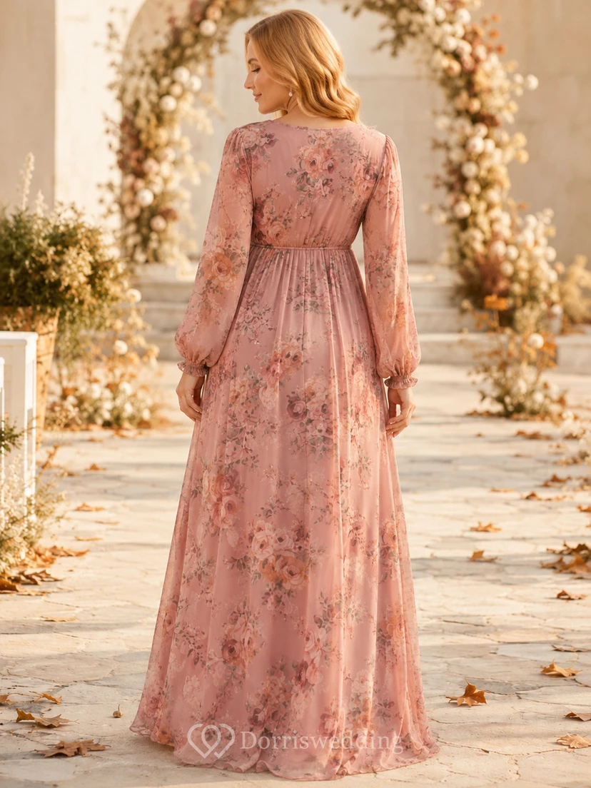 Dusty Rose V Neck Long Sleeve Floral Chiffon Floor Maternity Guest Gown view 2