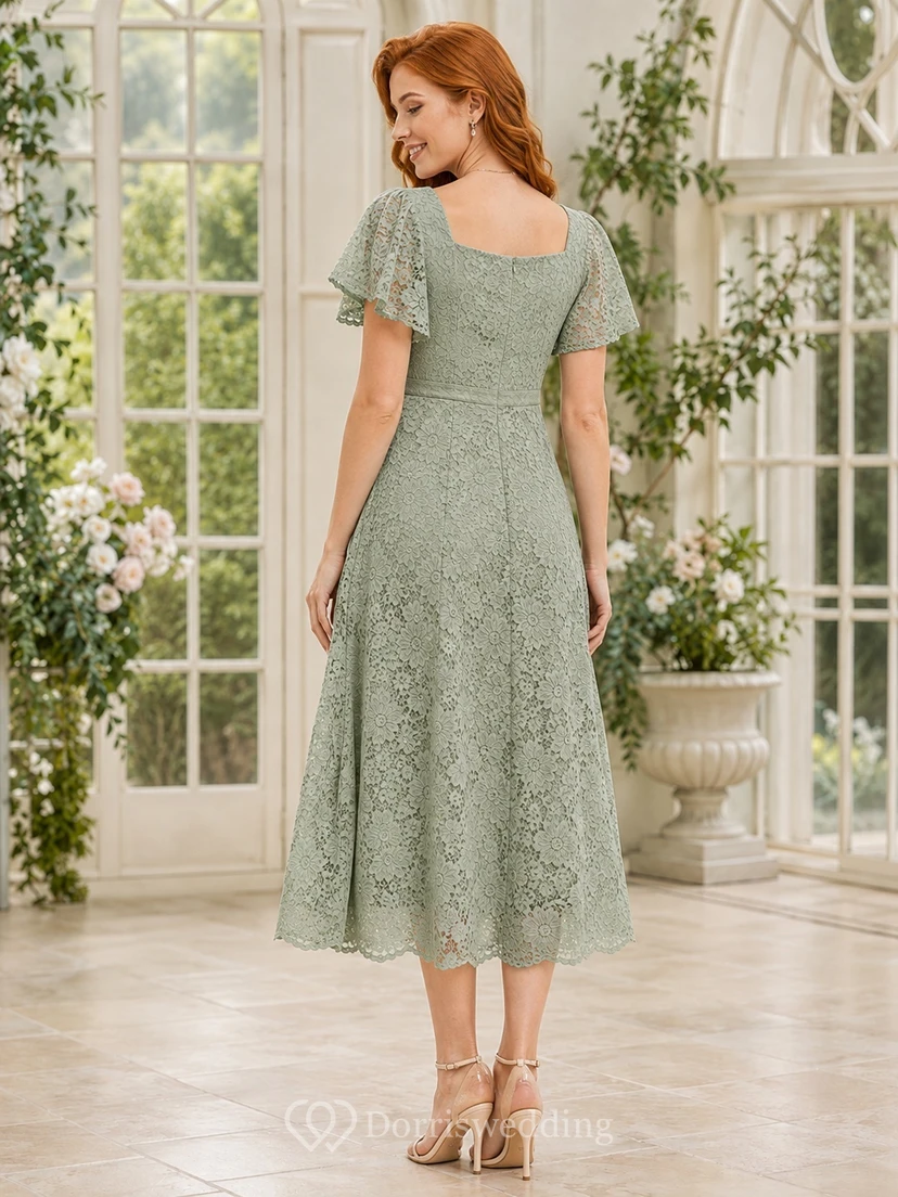 Sage Scoop Neck Petal Sleeve Lace A-Line Tea-length Garden Dress view 2