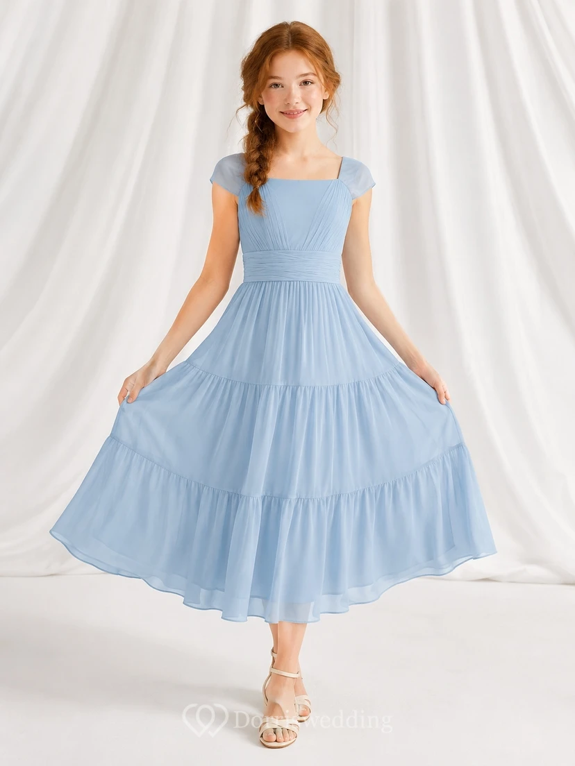 Himmelblaues Brautjungfernkleid für junge Mädchen, A-Linie, eckig, kurze Ärmel, Teelänge, Chiffon, gestuft, elegant