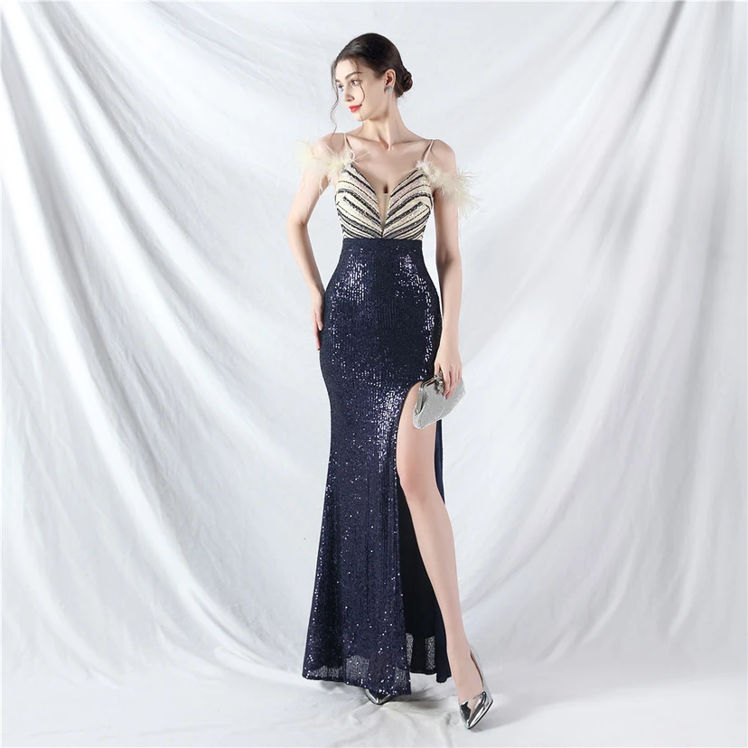 Elegantes Abendkleid mit Straußenfedern und Perlen, sexy, lang, mit Trägern und Schlitz view 64