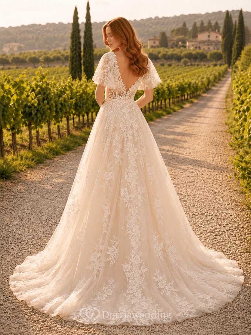Brautkleid aus Spitze und Tüll, A-Linie, V-Ausschnitt, kurze Ärmel, Schleppe view 2