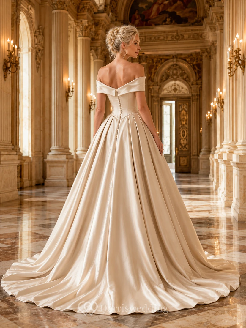 Champagne Off-Shoulder Satin Ball Gown Grand Ballroom Dress view 2