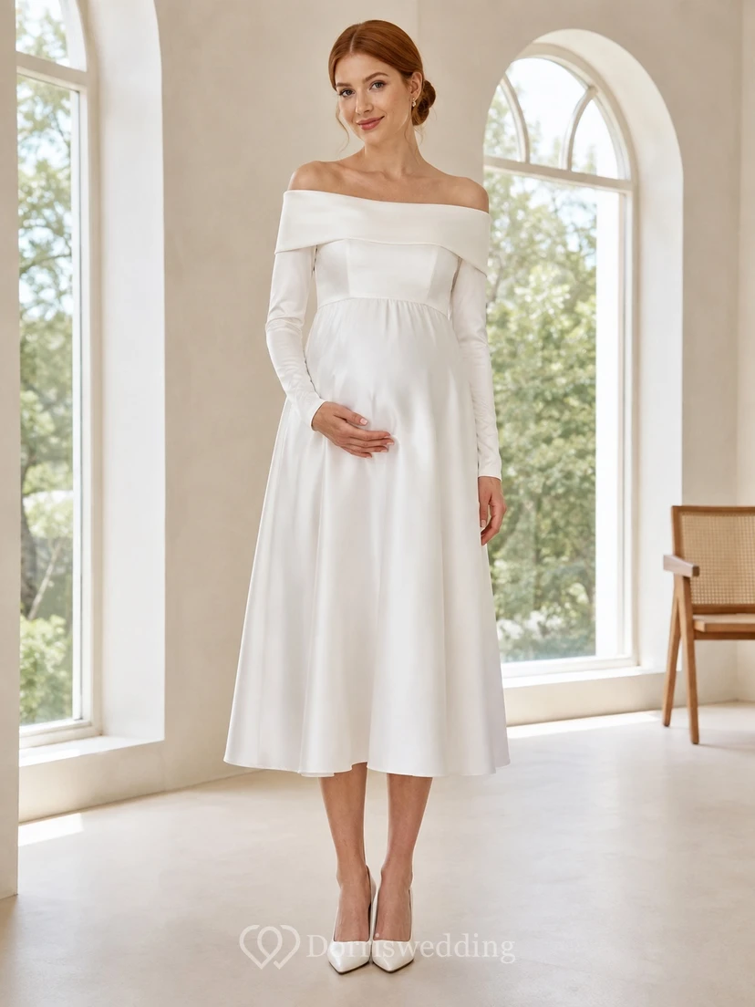 Maternity Off-Shoulder Empire A-Line Tea-Length Long-Sleeve Chiffon Modest Bridal Dress