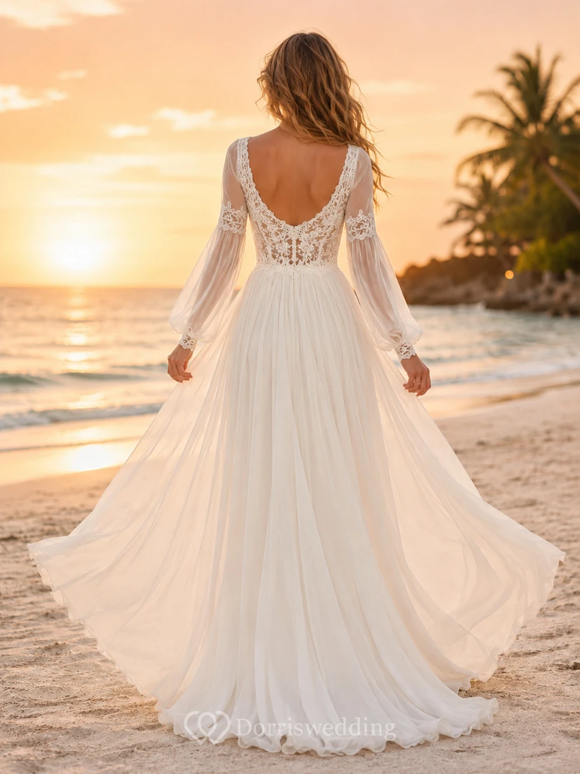 Boho Sheer Sleeve Beach V Neck Bridal Gown view 2