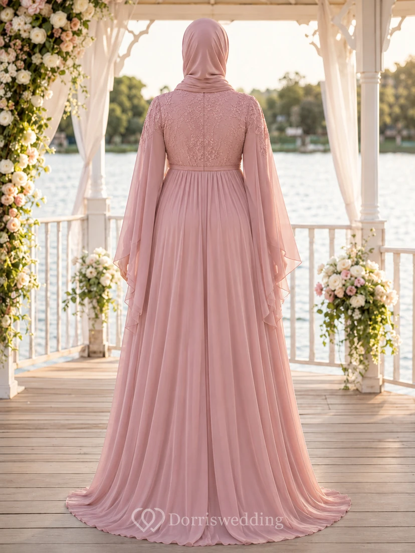 Maternity Dusty Rose Muslim Long Sleeve Chiffon Empire Wedding Dress view 2