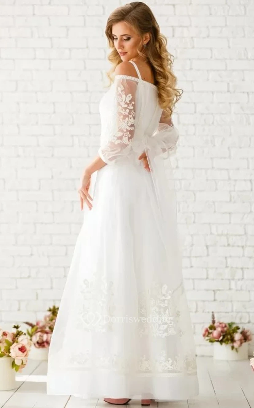 Ätherisches A-Linien-Brautkleid aus Tüll, bodenlang, mit 3/4-Ärmeln, Reißverschluss und Applikationen view 4