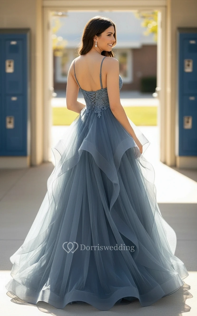 Ethereal Blue Tulle Prom Ball Gown view 2