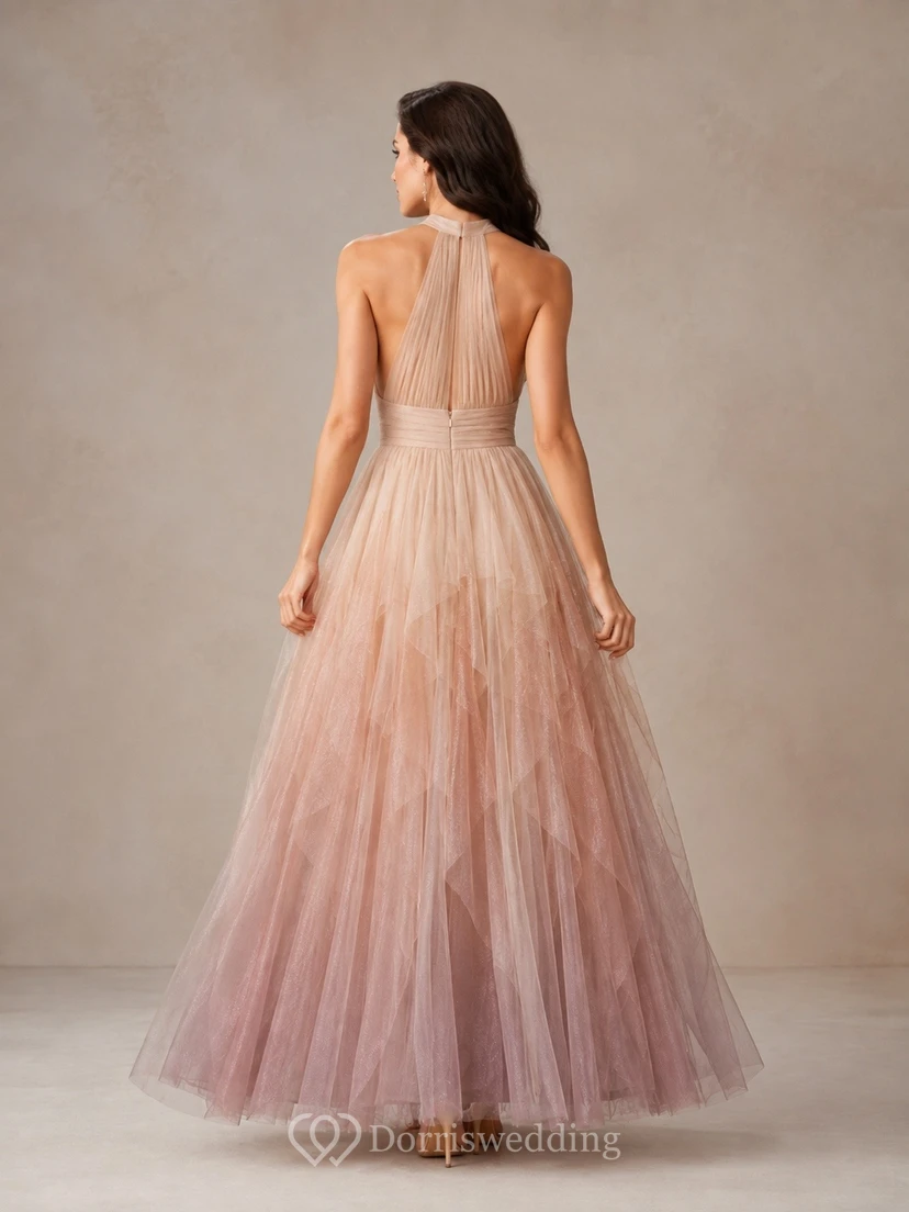 Blush Mauve Gradient Strapless Tulle Ruffled Evening Gown view 2