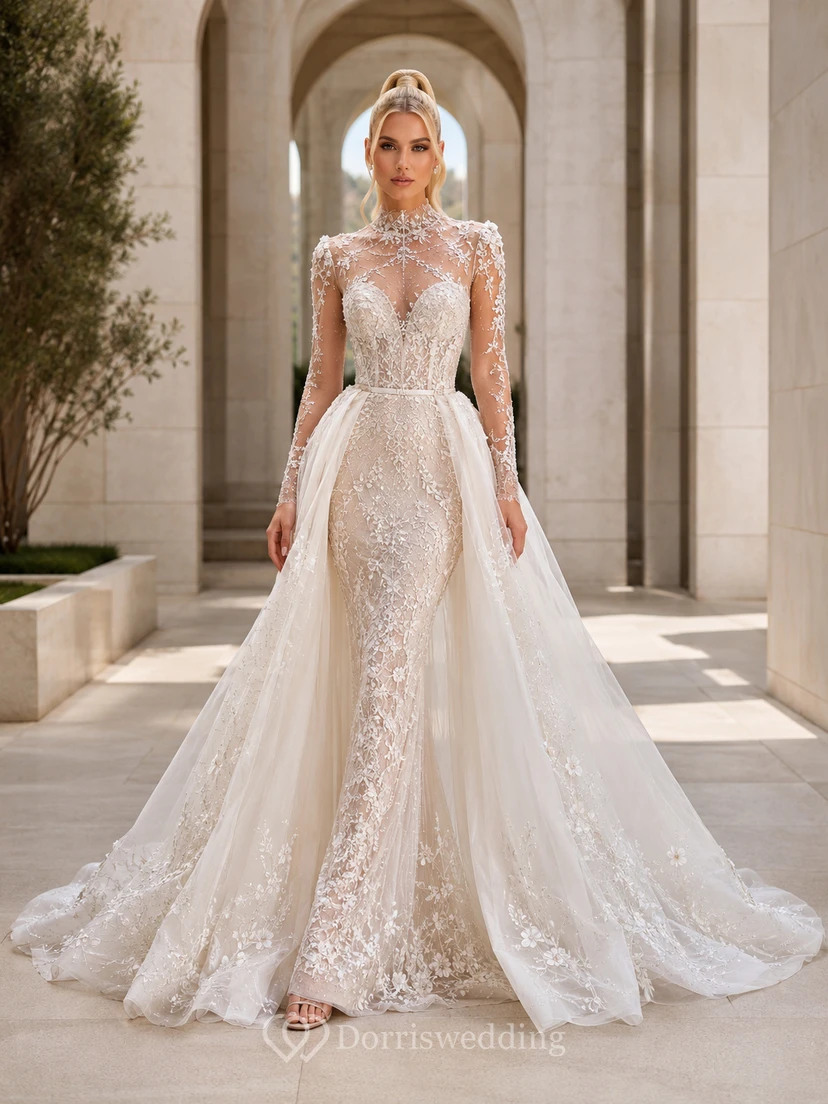 Robe de mariée intemporelle en dentelle et tulle illusion, col montant, manches longues transparentes, coupe trapèze, traîne chapelle, fente sur le devant, idéale pour une salle de bal.