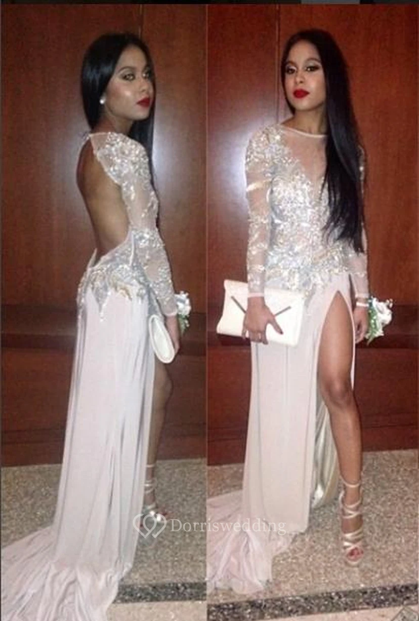 Long Sleeves Prom Dresses Pink Thigh-High Slit Sequined Backless Sexy Evening Gowns