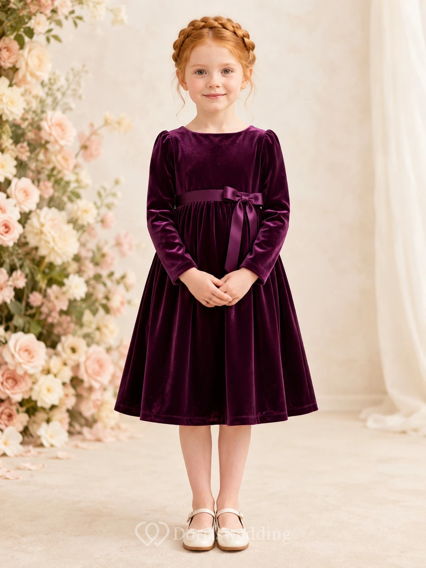 Robe de demoiselle d'honneur élégante en velours prune, coupe trapèze, manches longues, col rond et jupe plissée.