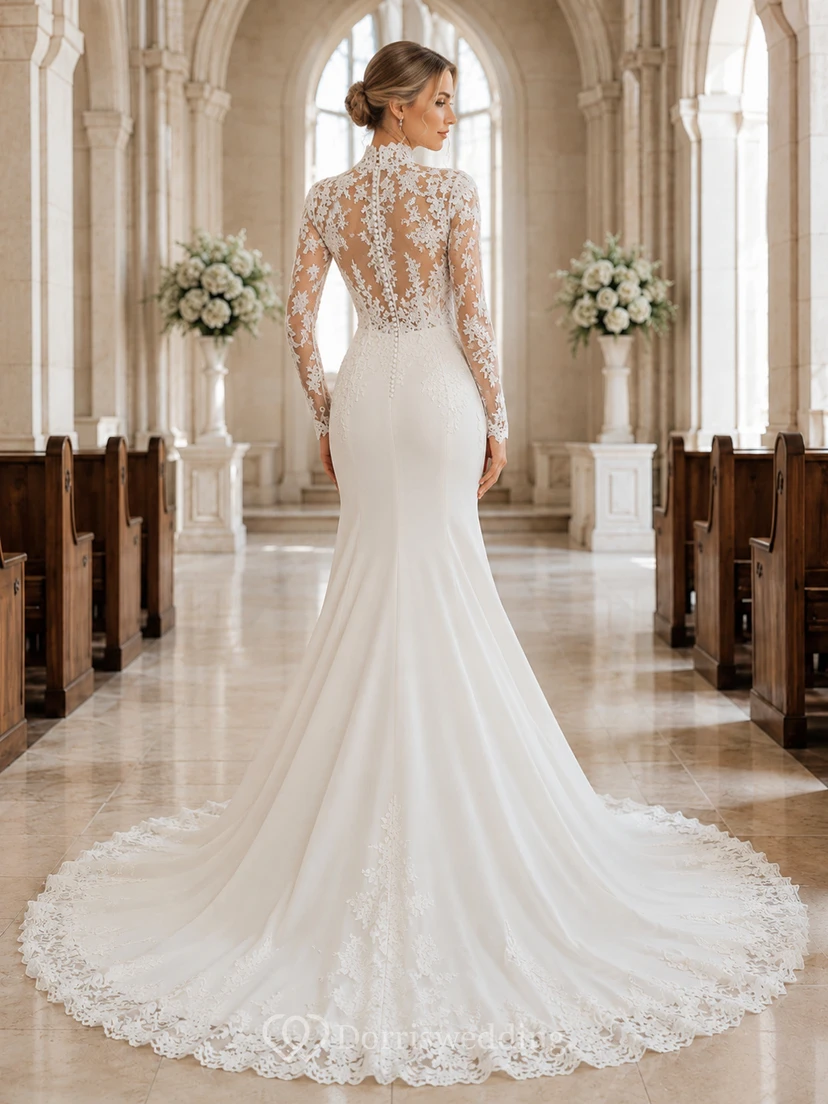 Vestido de novia de corte sirena con cuello alto y corpiño de encaje transparente. view 2