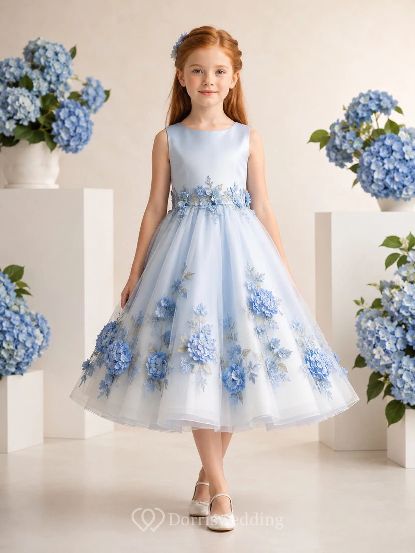 Sky Blue Hydrangea Flower Girl Dress with Sleeveless A-Line Tulle, Applique Blossom Clusters, Natural Waist, and Tea-Length Hem