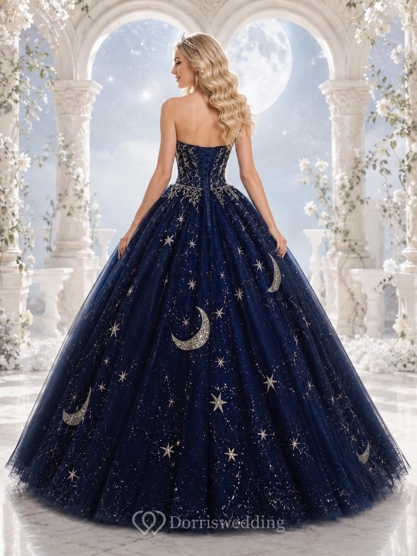 Dark Navy Silver Celestial Strapless Moon Star Quinceanera Princess Formal Ball Gown view 2