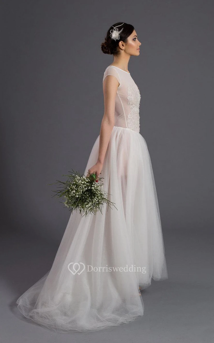 Cap Sleeve A-Line Tulle Gown With Illusion Back and Scoop Neckline view 3