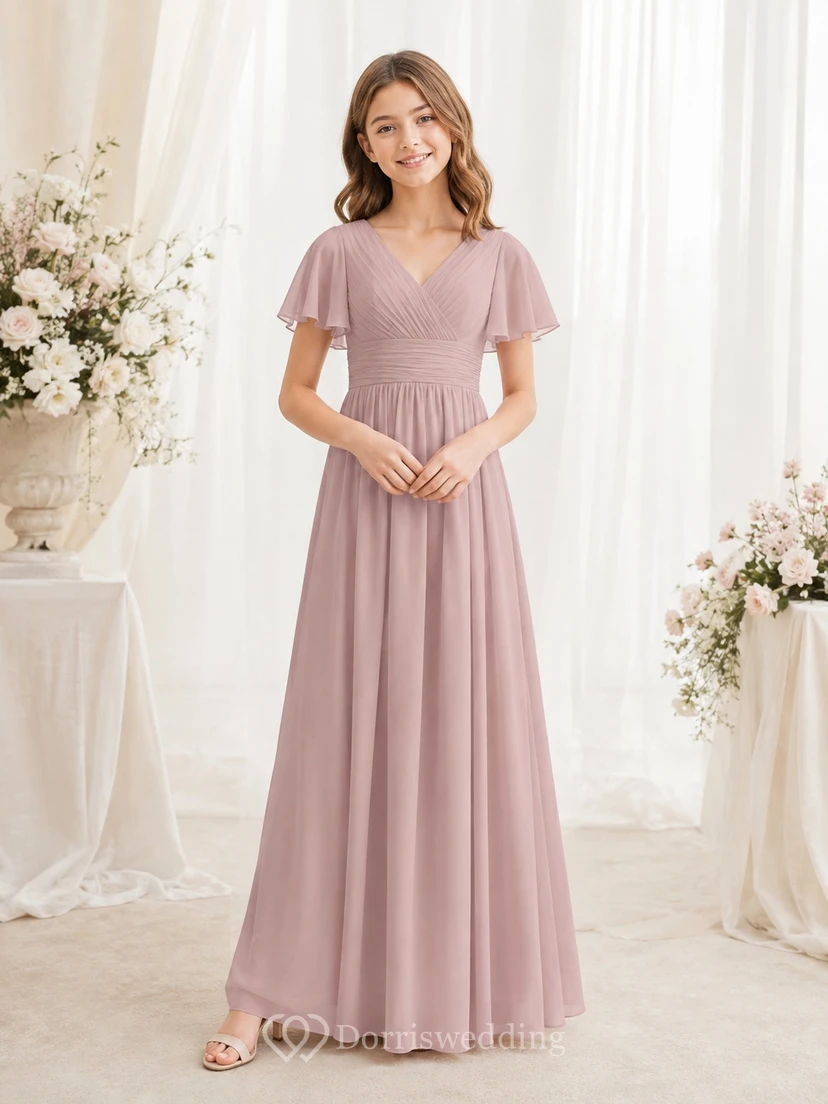 Vintage-Brautjungfernkleid in Mauve, A-Linie, V-Ausschnitt, kurze Blütenblattärmel, elegant und romantisch