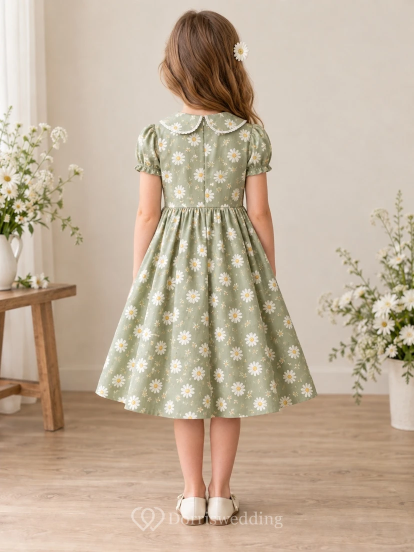 Vintage Tea-length Sage Floral Collared Puff Sleeve Bow Cotton Flower Girl Dress view 2