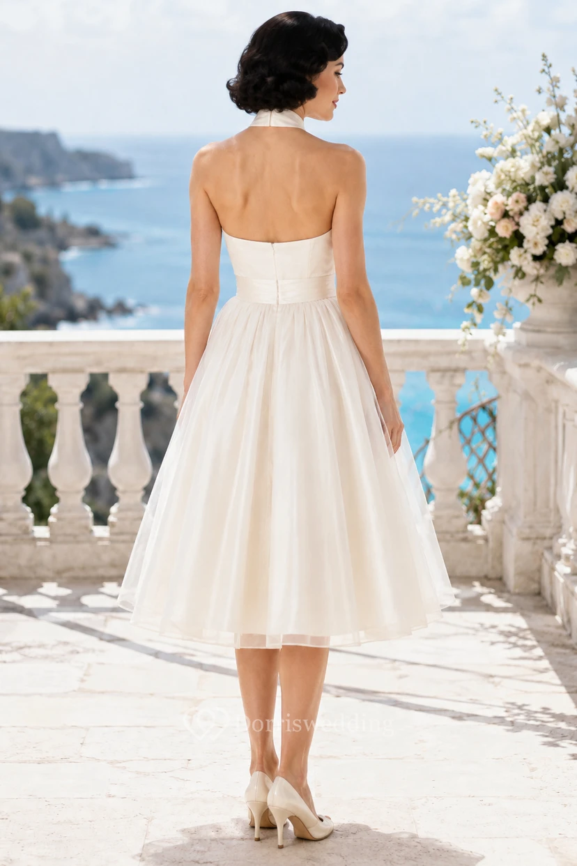 Robe de mariée dos nu en satin, longueur thé, jupe ample en forme de A view 2