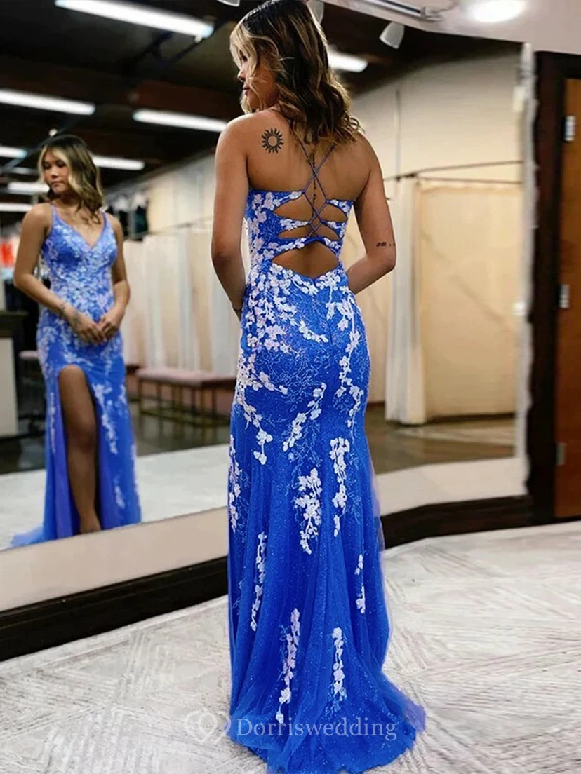 Lace Spaghetti Mermaid Sexy Front Split Prom Dress view 4