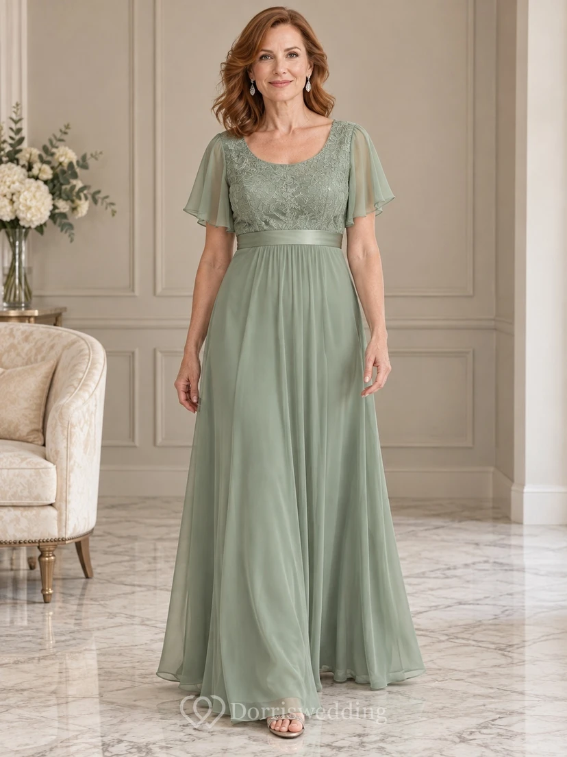 Vestido de gasa de corte imperio, largo hasta el suelo, con escote redondo, encaje y mangas con volantes, ideal para la madre de la novia.