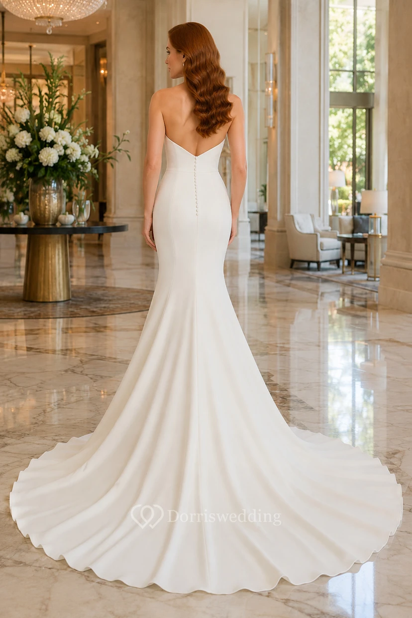 Trägerloses Brautkleid im Meerjungfrauenstil aus Satin mit dramatischer Schleppe view 2