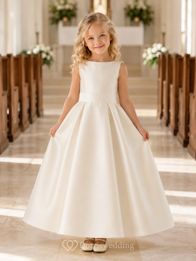 Vestido de niña de flores clásico color marfil con lazo en la espalda, corte en A, sin mangas, cuello joya y falda hasta la rodilla.