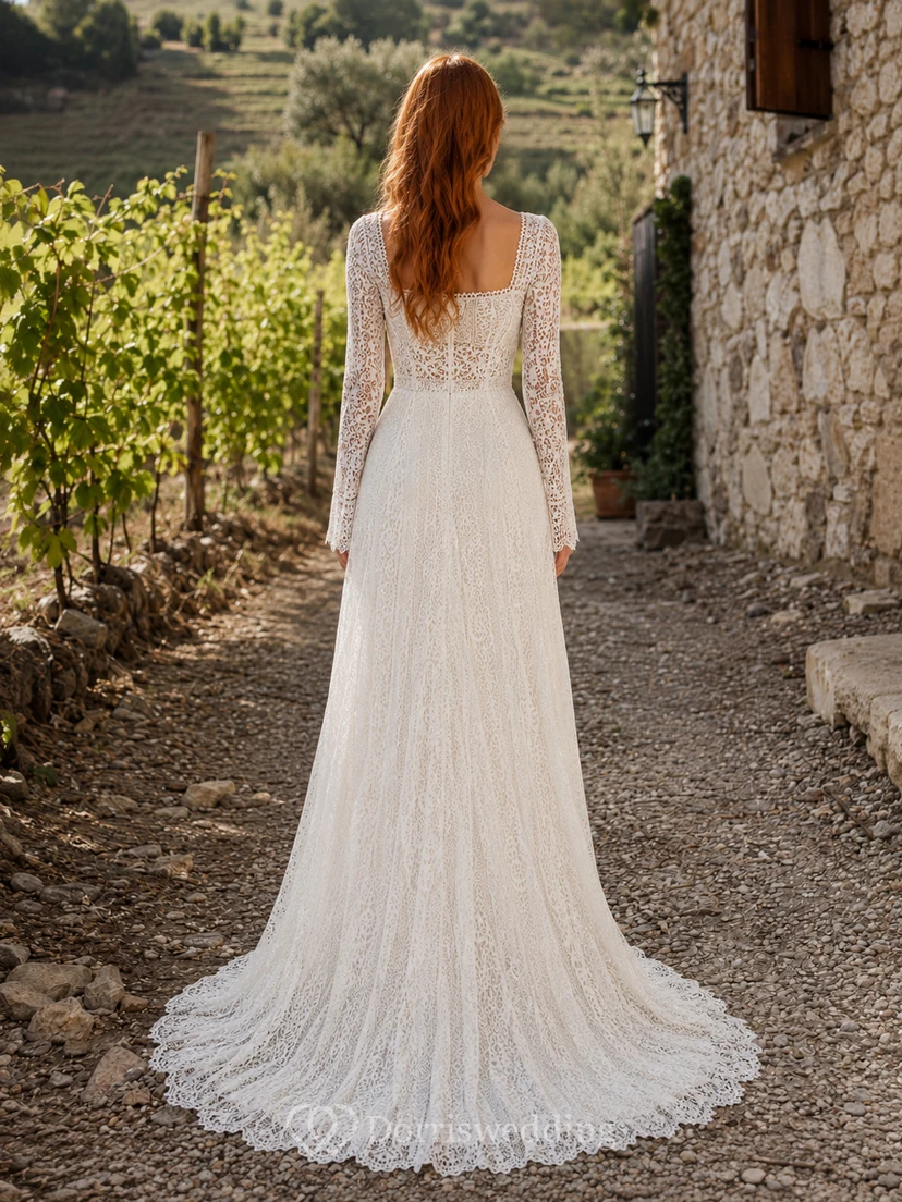 Boho Square Neck Long Sleeve Crochet Lace A-Line Wedding Dress view 2