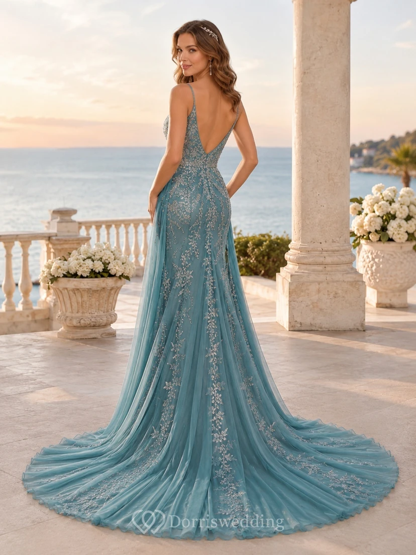 Silver Embroidered Sky Blue Spaghetti Tulle Mermaid Chapel Train Wedding Dress view 2