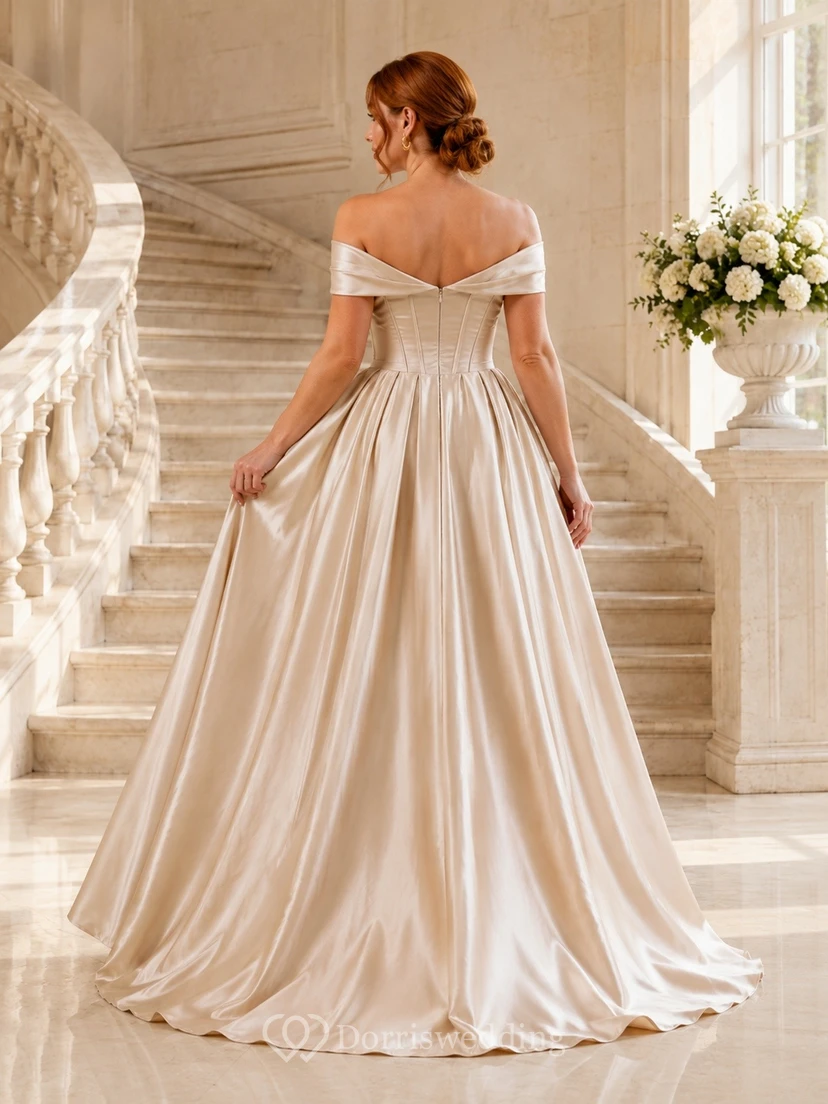 Luxury Champagne Satin Ball Gown Floor-Length Off-Shoulder Short Sleeve Formal Dress view 2