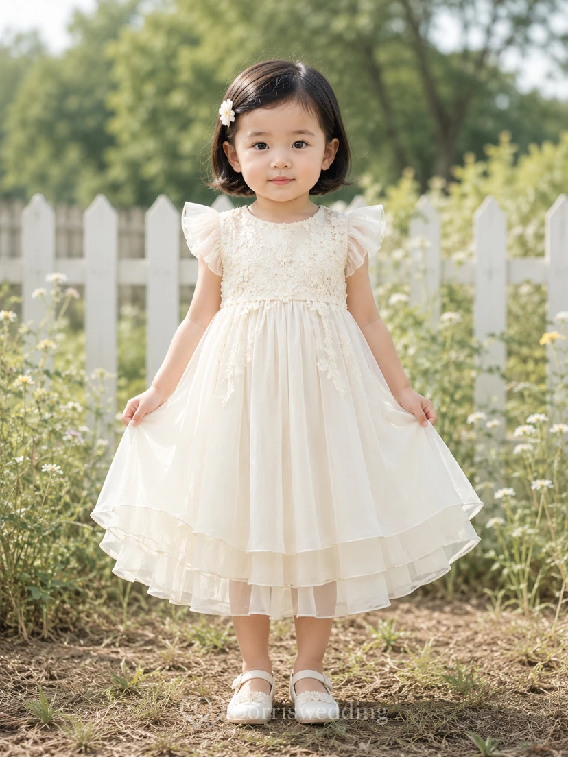 Robe de baptême bébé sans manches en tulle, coupe trapèze, corsage en dentelle à volants