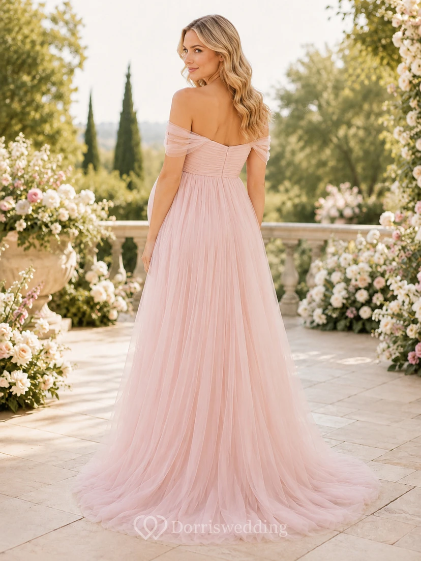 Romantisches Umstandskleid in Blush mit schulterfreiem Ausschnitt, A-Linie und Tüllrock – perfekt für den Garten view 2