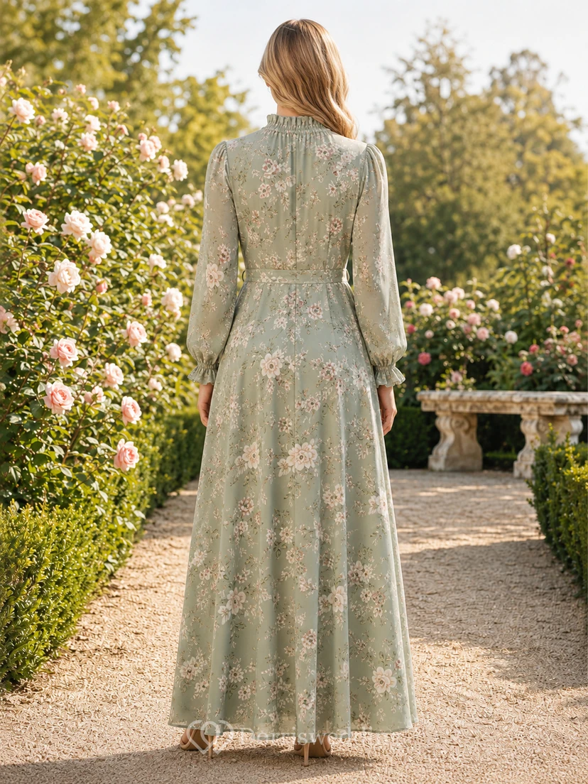 Salbeigrünes, geblümtes, langärmeliges, schlichtes Maxikleid für Gartenpartys view 2