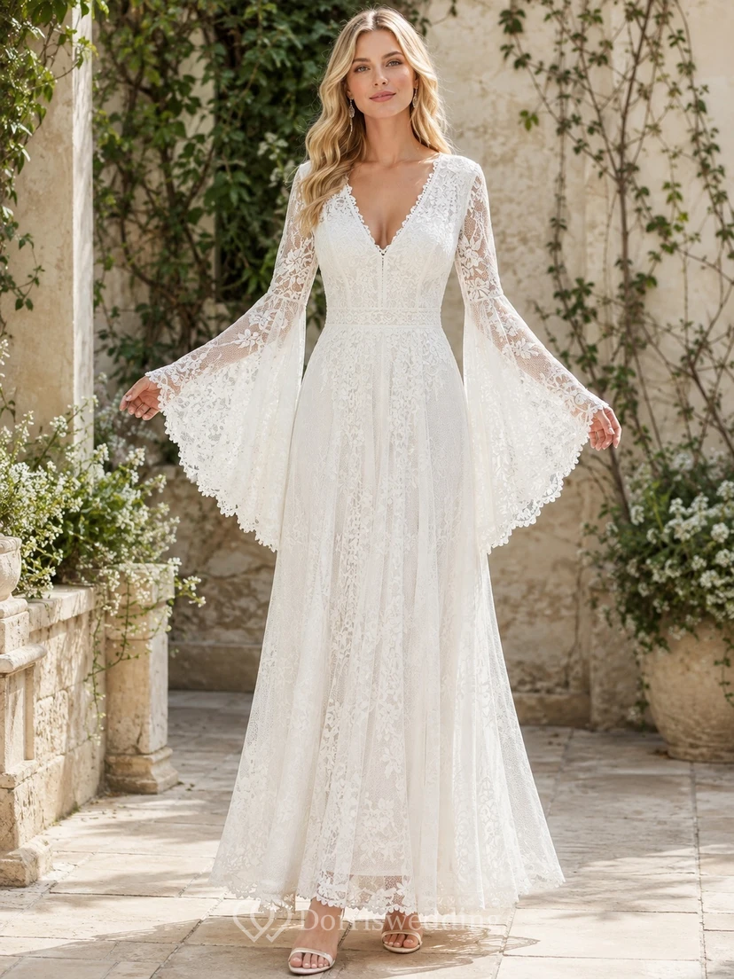 Brautkleid im Boho-Stil mit V-Ausschnitt, langen Ärmeln, A-Linie, bodenlang, Glockenform und Spitze
