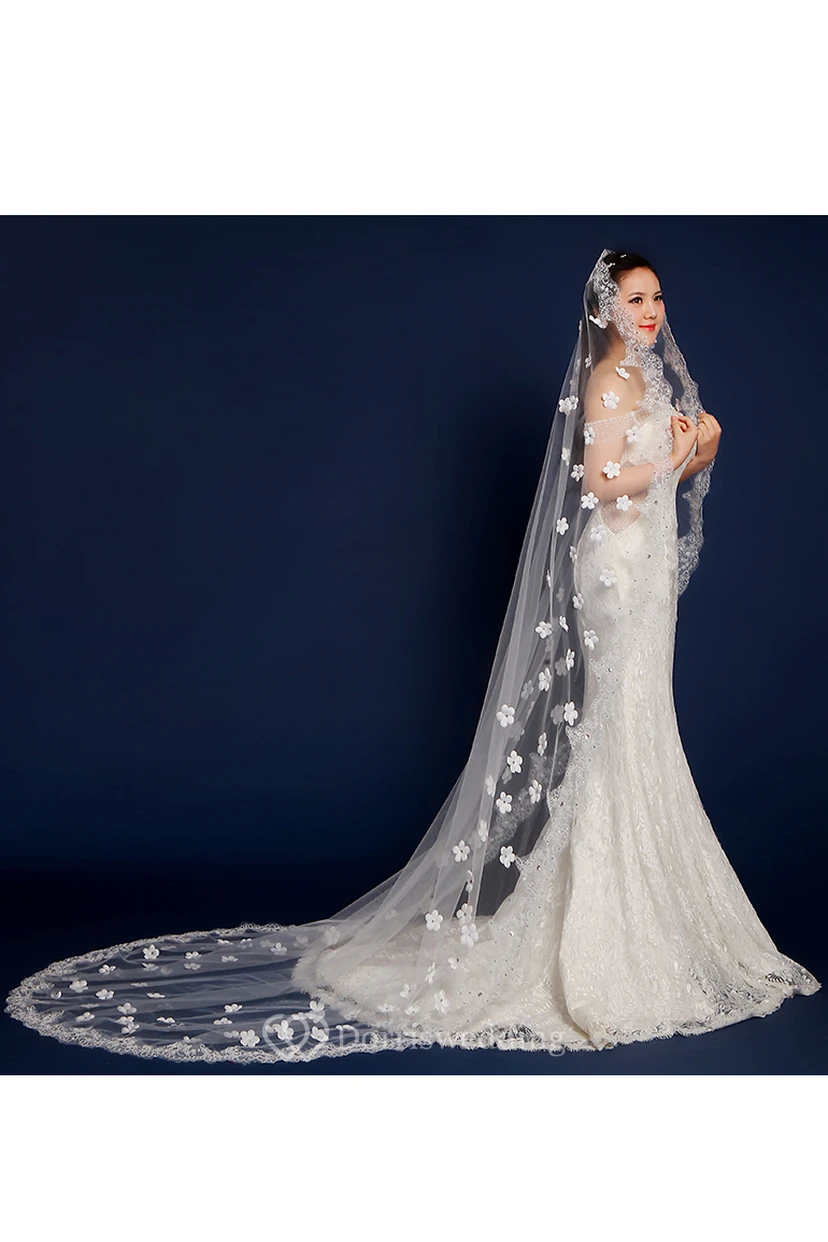 Cathedral Wedding Veil with Flowers and Lace Edge view 3