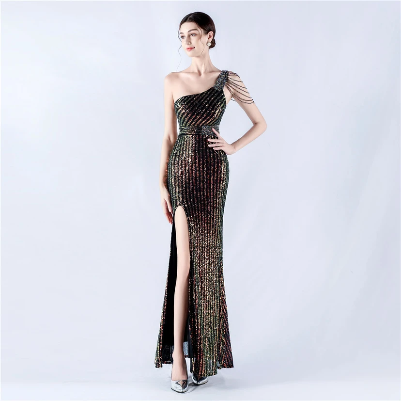 Heavy Beaded One-Shoulder Oblique Collar High Fork Sequin Dinner Dress view 3
