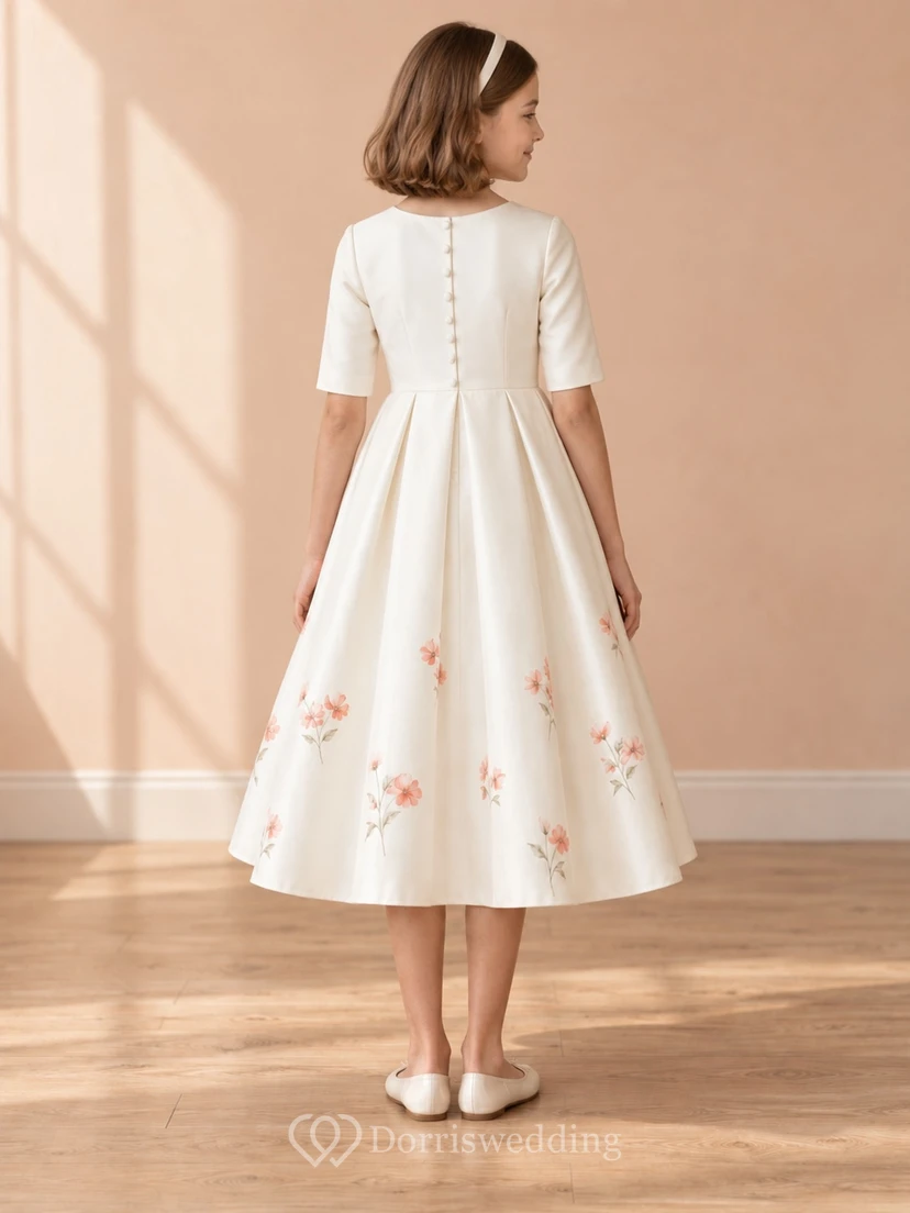 Cream Tea-length Floral Jewel Half-sleeve Pleated Unbanded Button-back Flower Girl Dress view 2