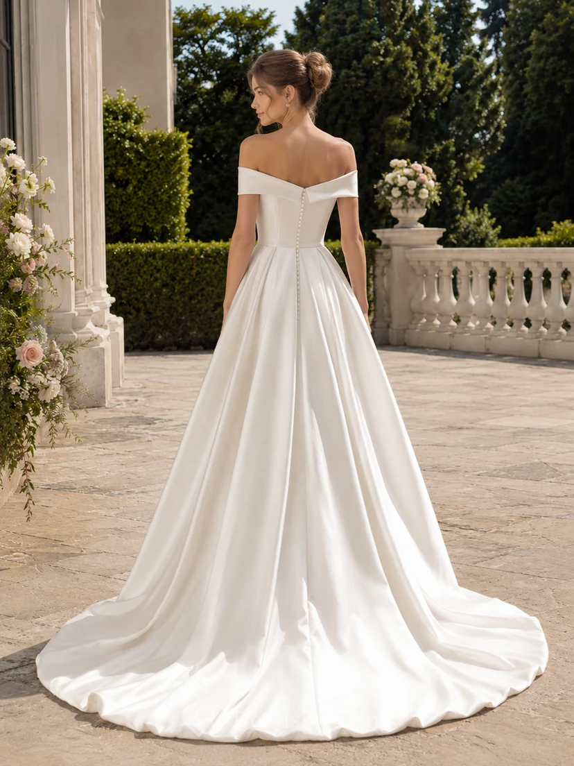 Robe de mariée minimaliste en satin, robe de bal à épaules dénudées et traîne. view 2
