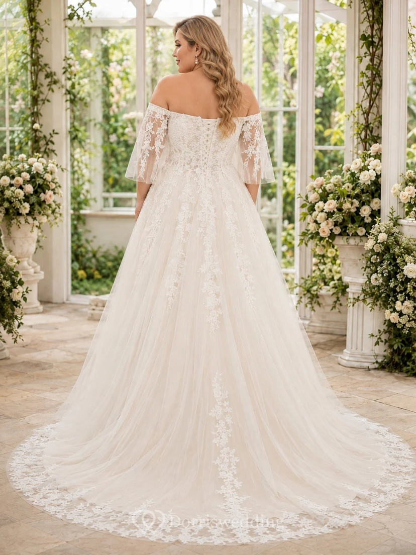 Lace Off-Shoulder Plus-Size A-Line Floor-Length Sweep Train Three-Quarter-Sleeve Bridal Gown view 2