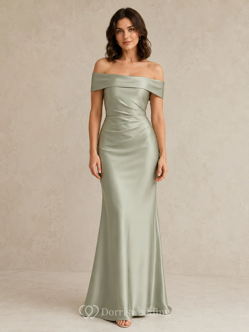 Robe de soirée sirène en satin sauge à épaules dénudées