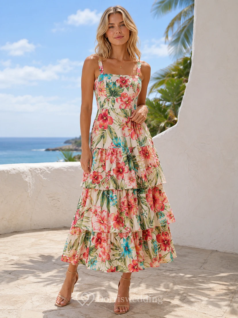 Vestido midi de gasa con tirantes finos y estampado floral caribeño para invitadas