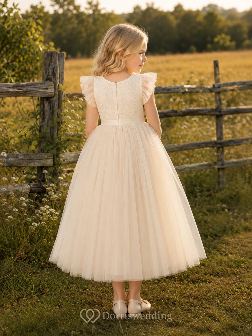Modest Romantic Country Lace Tulle Flower Girl Tea-Length Petal Sleeve Garden Dress view 2