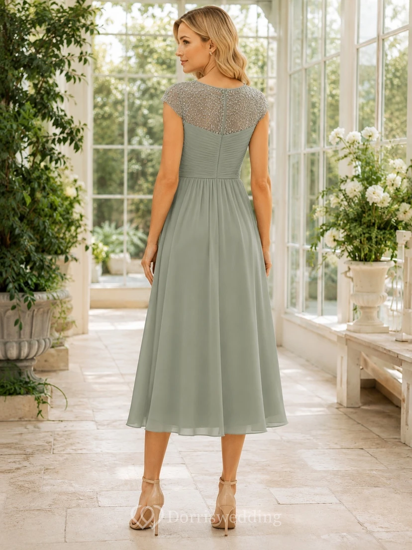 Sage Cap Sleeve Beaded Chiffon A-Line Tea-length Formal Guest Dress view 2