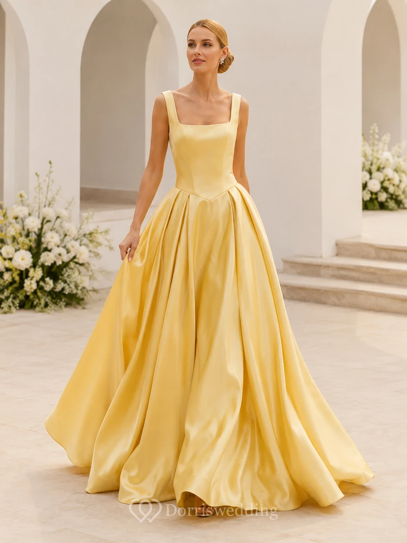 Vestido de novia de satén color amarillo narciso con escote cuadrado y cintura baja, estilo princesa, para capilla.